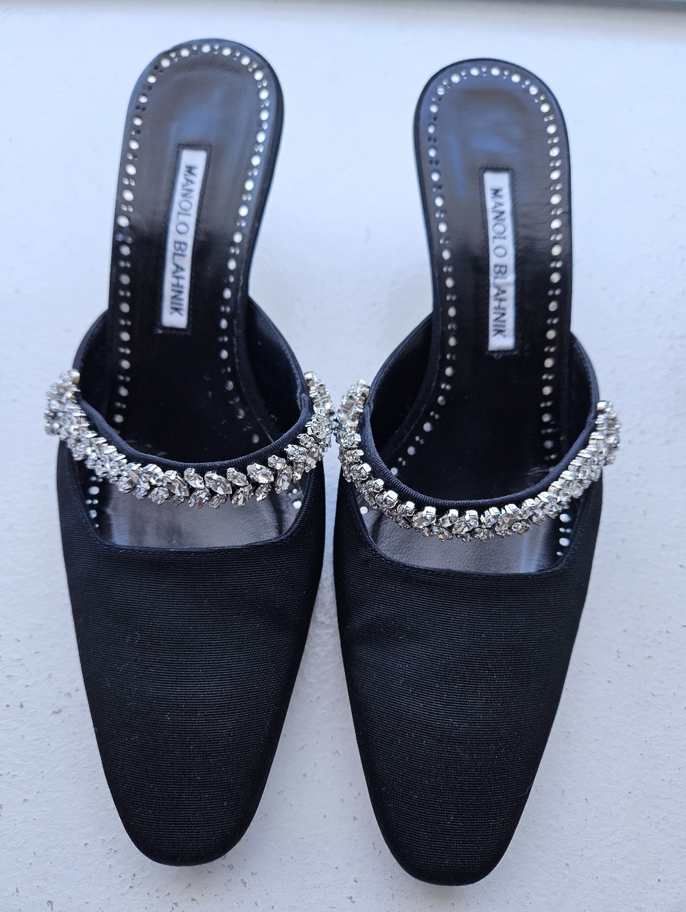 Manolo Blahnik Black Satin Grosgrain Mules with Crystal Strap 37.5 "Kanembamu"